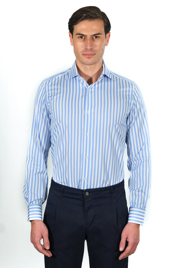 Classic White and Azure Striped Shirt  - Italian Cotton - Handmade in Italy