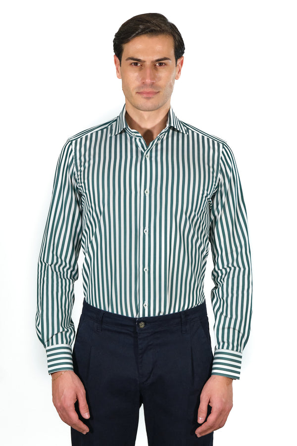 Classic White and Green Striped Shirt - Italian Cotton - Handmade in Italy
