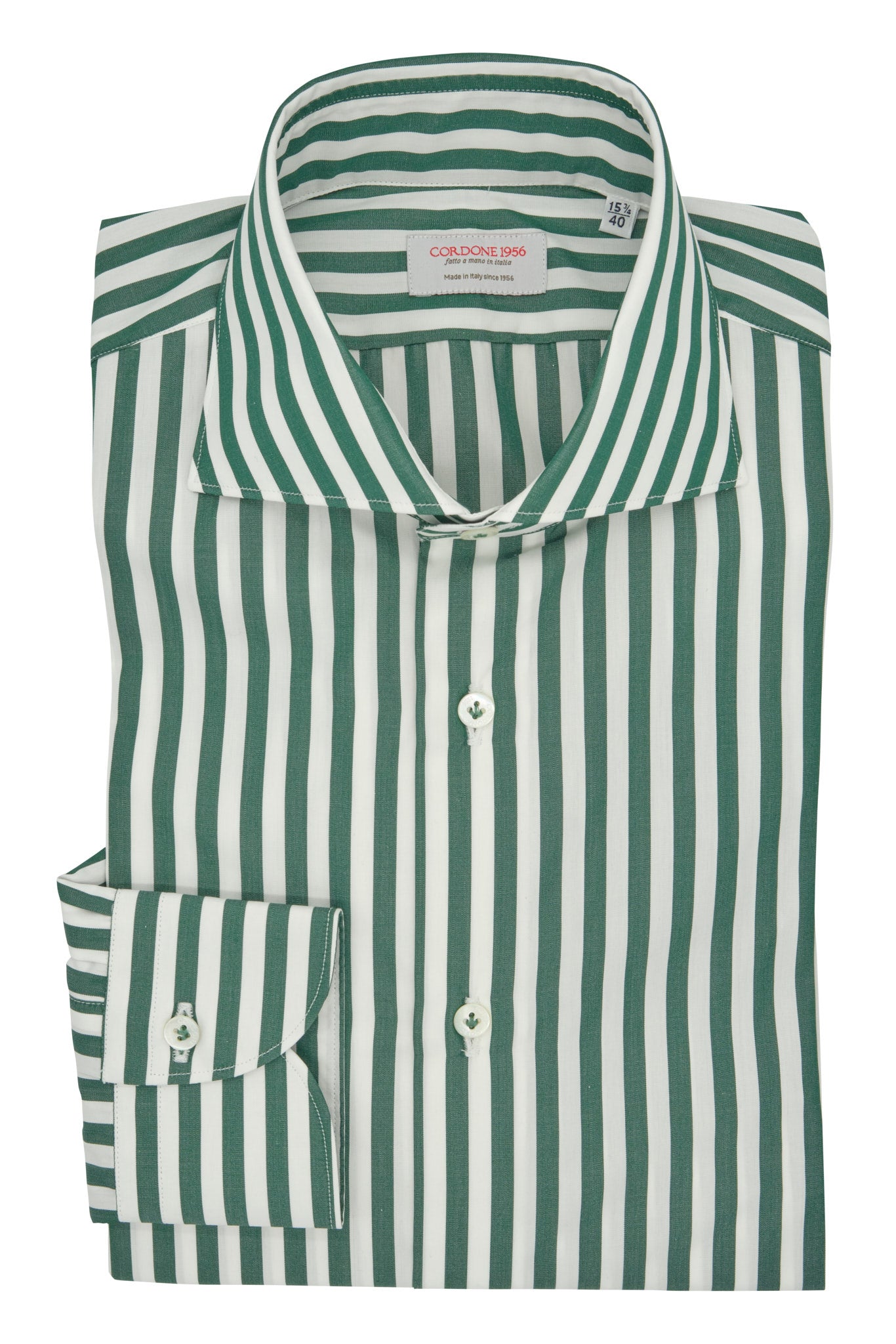 Classic White and Green Striped Shirt - Italian Cotton - Handmade