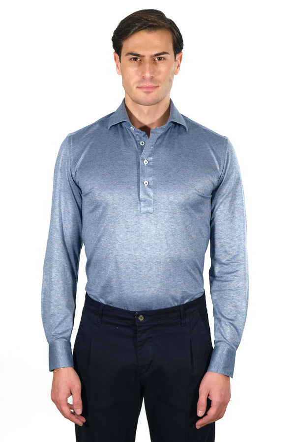 Blue Polo Shirt  - Silk Cotton - Handmade in Italy