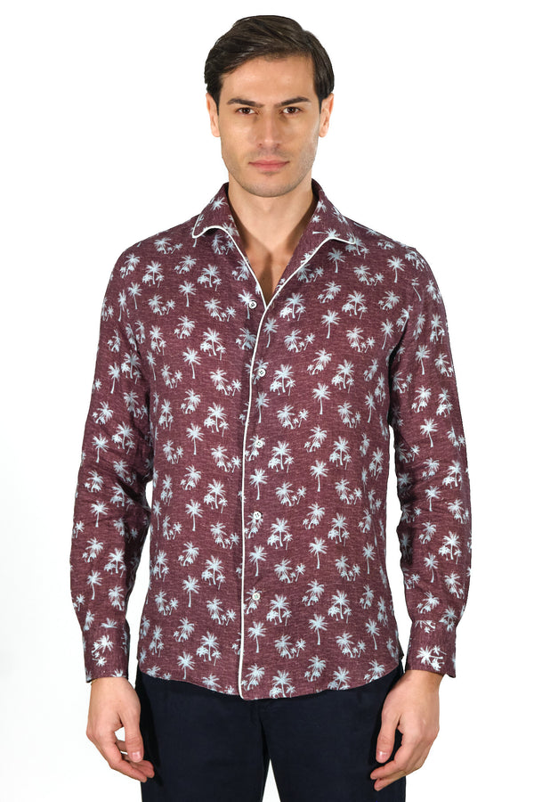 Brown Palm Tree Patterned Shirt- Italian Linen - Handmade in Italy