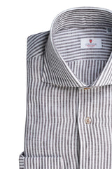 BROWN AND WHITE SMALL STRIPE LINEN SHIRT - Outlet