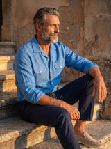 Italian Linen Shirt — Double Round Pocket — Turquoise