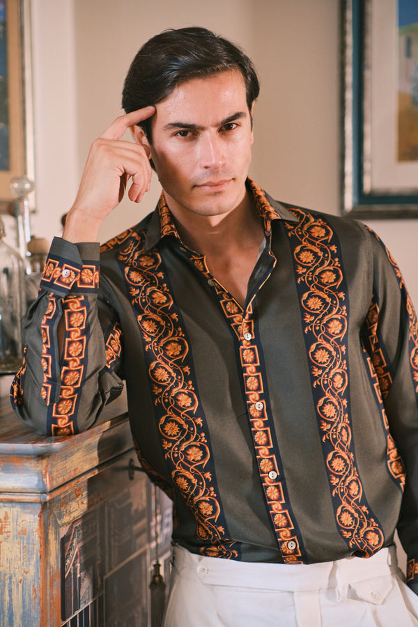 Geometric Green Shirt- Italian Silk - Handmade in Italy