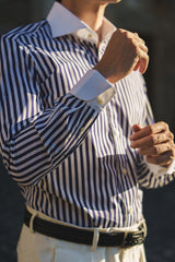 White Collar Bold Striped Blue Popeline Shirt