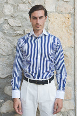 White Collar Bold Striped Blue Popeline Shirt