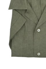 Camicia In Lino Con Collo Bowling Tinta Unita Verde Militare