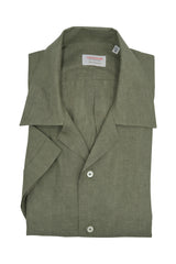 Camicia In Lino Con Collo Bowling Tinta Unita Verde Militare