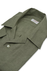 Camicia In Lino Con Collo Bowling Tinta Unita Verde Militare