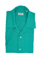 Camicia In Lino Con Collo Bowling Tinta Unita Verde Acqua