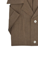 Camicia In Lino Con Collo Bowling Tinta Unita Marrone