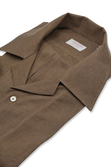Camicia In Lino Con Collo Bowling Tinta Unita Marrone