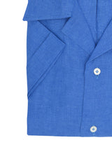 Camicia In Lino Con Collo Bowling Tinta Unita Azzurra