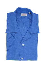 Camicia In Lino Con Collo Bowling Tinta Unita Azzurra