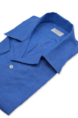 Camicia In Lino Con Collo Bowling Tinta Unita Azzurra