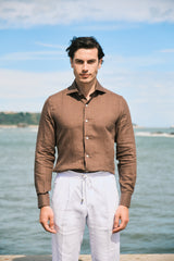 Camicia Tinta Unita Lino Marrone