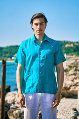 Camicia In Lino Con Collo Bowling Tinta Unita Verde Acqua