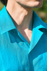 Camicia In Lino Con Collo Bowling Tinta Unita Verde Acqua