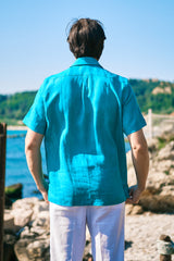 Camicia In Lino Con Collo Bowling Tinta Unita Verde Acqua