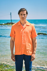 Orange Linen Bowling Collar Shirt
