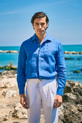 Camicia Collo Capri Tinta Unita Lino Azzurra