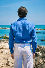 Camicia Collo Capri Tinta Unita Lino Azzurra