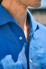 Camicia Collo Capri Tinta Unita Lino Azzurra