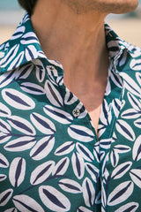 Green Palm Print Linen Blend Shirt - SAVE35