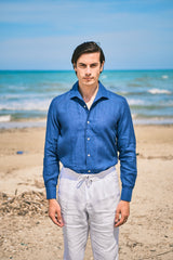 Camicia Collo Capri Tinta Unita Lino Blu