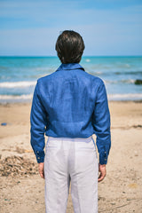 Camicia Collo Capri Tinta Unita Lino Blu