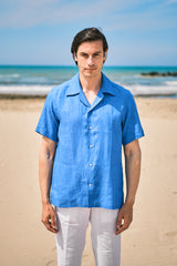 Camicia In Lino Con Collo Bowling Tinta Unita Azzurra