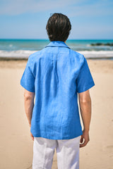 Camicia In Lino Con Collo Bowling Tinta Unita Azzurra