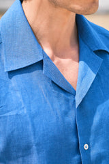 Camicia In Lino Con Collo Bowling Tinta Unita Azzurra