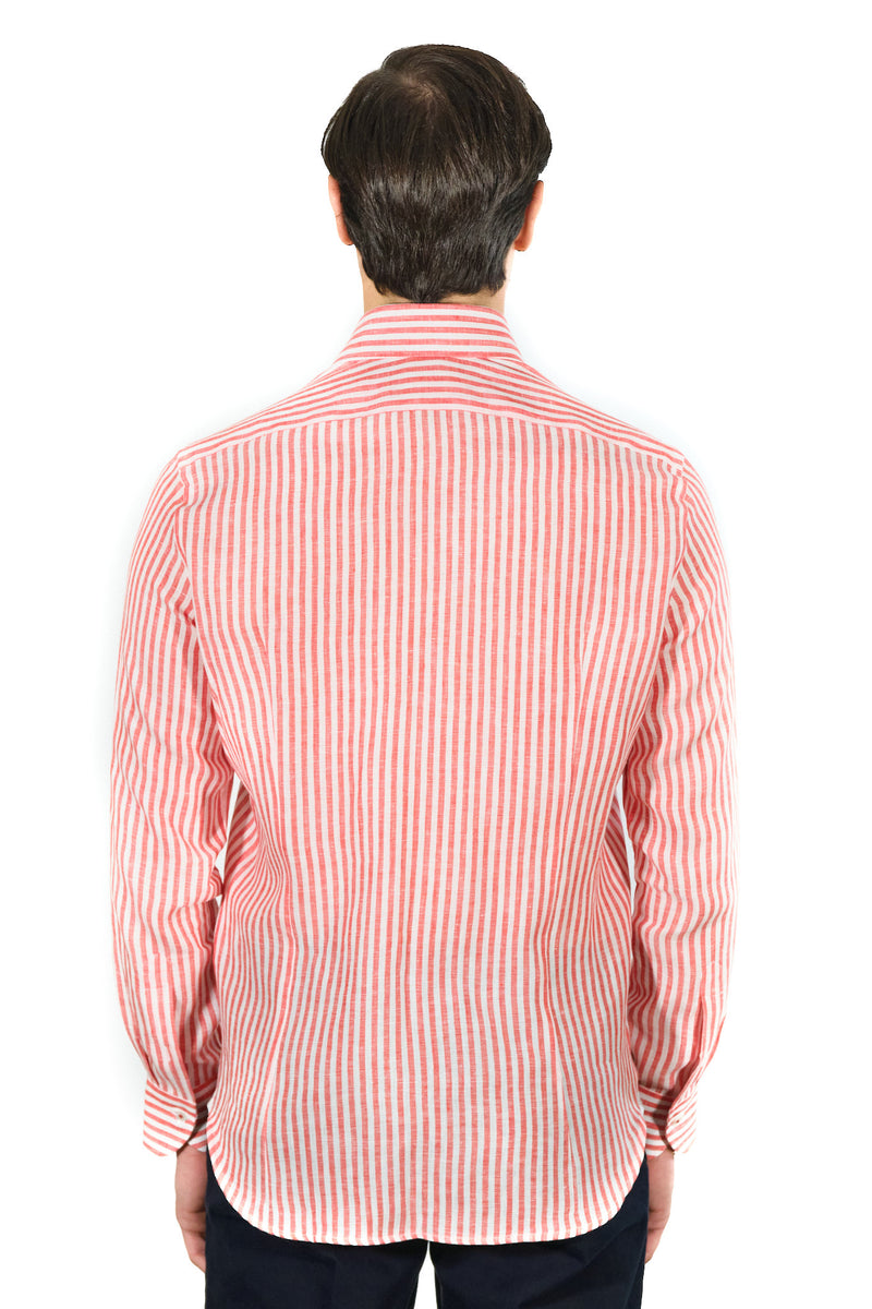 White and Red Little Striped Linen Shirt - Italian Linen - Handmade in Italy