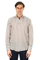 White and Brown Wide Striped Linen Shirt