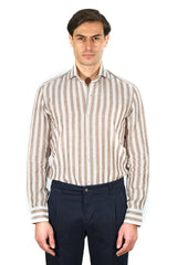 White and Brown Wide Striped Linen Shirt
