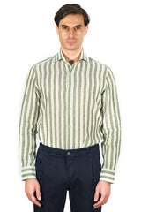 White and Green Wide Striped Linen Shirt