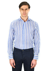 White and Azure Wide Striped Linen Shirt