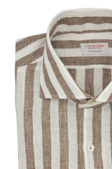 White and Brown Wide Striped Linen Shirt