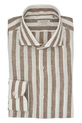 White and Brown Wide Striped Linen Shirt