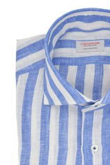 White and Azure Wide Striped Linen Shirt