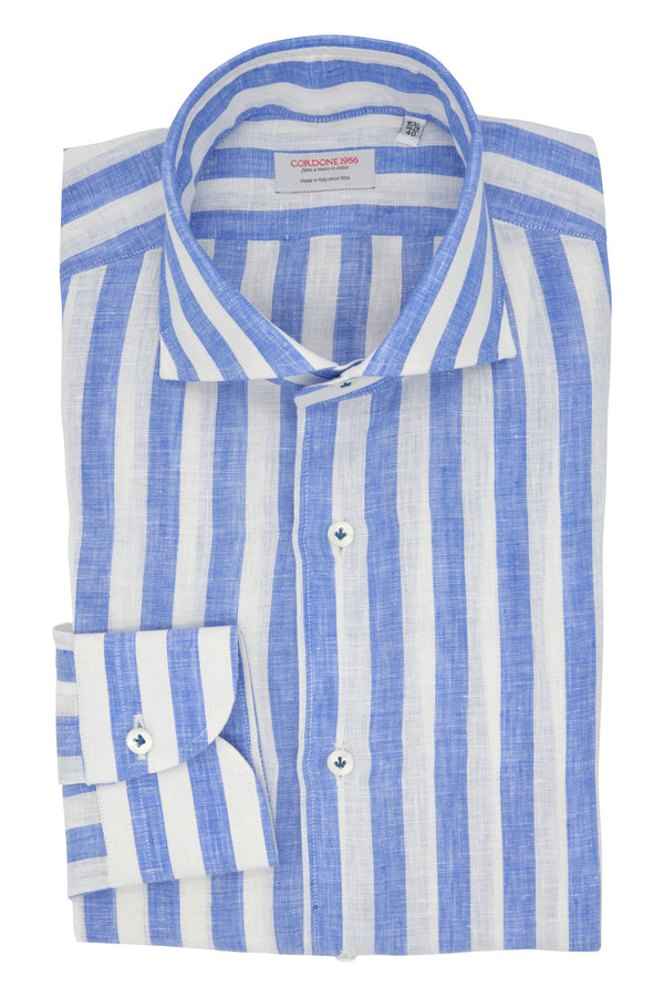 White and Azure Wide Striped Linen Shirt - Italian Linen - Handmade in Italy