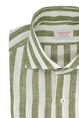 White and Green Wide Striped Linen Shirt
