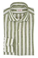 White and Green Wide Striped Linen Shirt