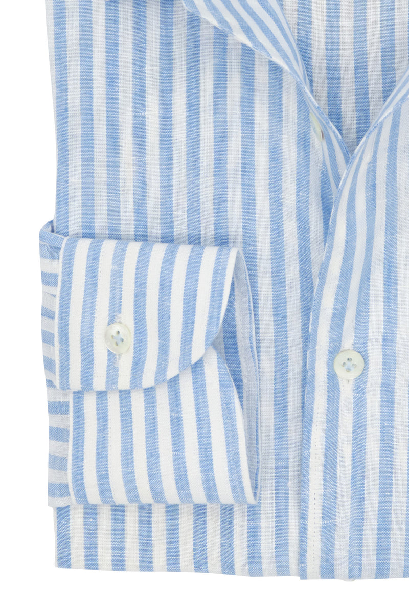 One Piece Collar White and Azure Little Striped Linen Shirt - Italian Linen - Handmade in Italy