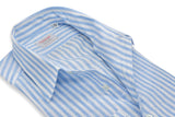 One Piece Collar White and Azure Little Striped Linen Shirt - Italian Linen - Handmade in Italy