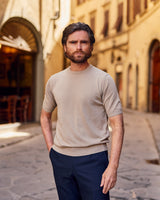 Beige Cotton Thread Sweater Short Sleeve