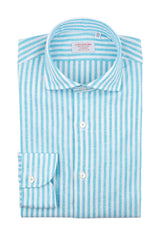 Camicia Righe Cotone Lino Turchese