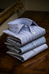 Camicia Multi Riga Popeline Celeste Fatta a Mano
