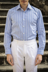 Camicia Multi Riga Popeline Blue Fatta a Mano